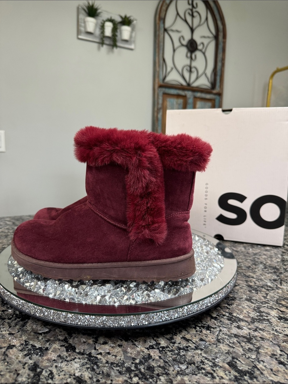 SO Paulina Burgundy Faux-Fur Trim Suede Ankle Boot 9